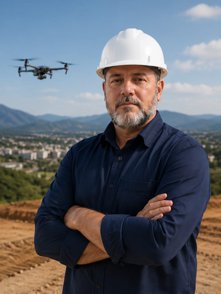 Vinicius Mattos, engenheiro responsável, em campo com drone para levantamento topográfico